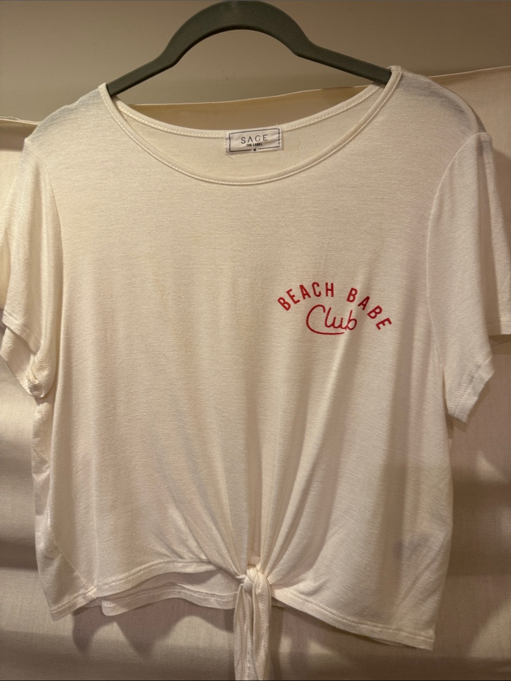 Sage The Label White 'Beach Babe Club' Tie-Front Tee Size M